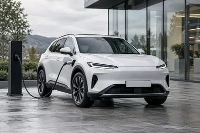 Weißes Elektroauto an einer Ladestation