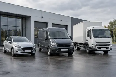 PKW, Transporter und LKW vor einer Fahrzeughalle
