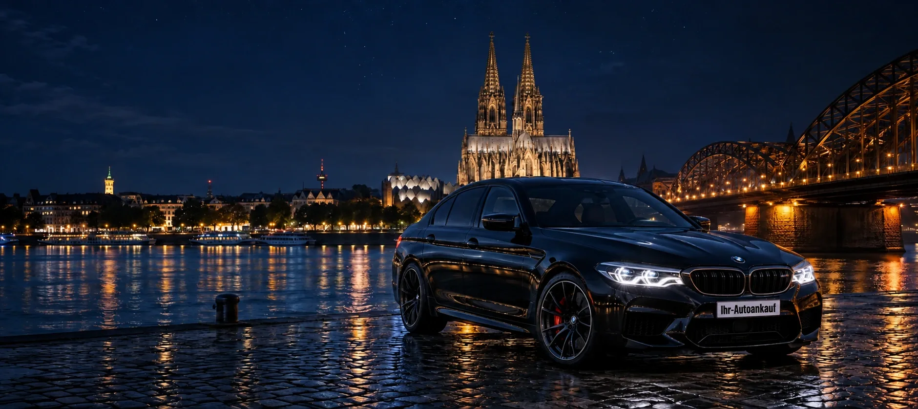 Schwarze Limousine vor dem beleuchteten Kölner Dom und der Hohenzollernbrücke am Rhein